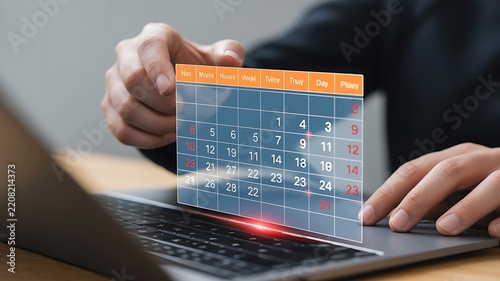 Person's hand interacting with a holographic calendar interface projected above a laptop, visualizing scheduling and planning