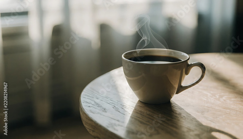 Steaming coffee cup on wooden table with transparent background for commercial use