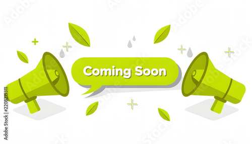 Vibrant Coming Soon Banner with Megaphones and Leaves Announcing a New Launch.