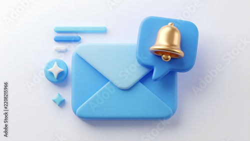 Blue 3D Mail Envelope Icon with Golden Bell Notification for Digital Communication and Updates.