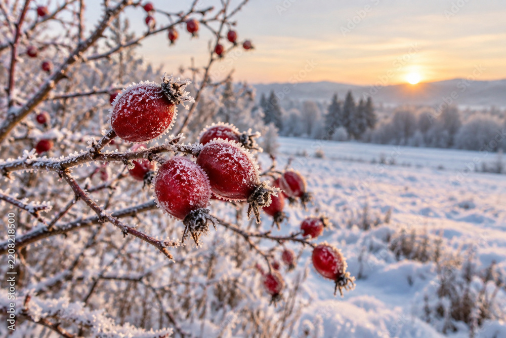 Fototapeta premium Frost-covered wild rose hips on a leafless branch beside snowy meadow