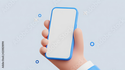3D Cartoon Hand Holding Smartphone with Blank Screen for Mobile App Display.