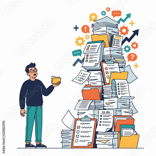 Freelancer project scope creep concept. Overwhelmed man looking at massive stack of documents. Flat design vector illustration