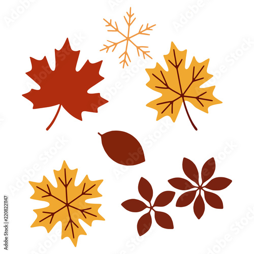 Autumn fall leaves and snowflake set vector illustration isolated on white background