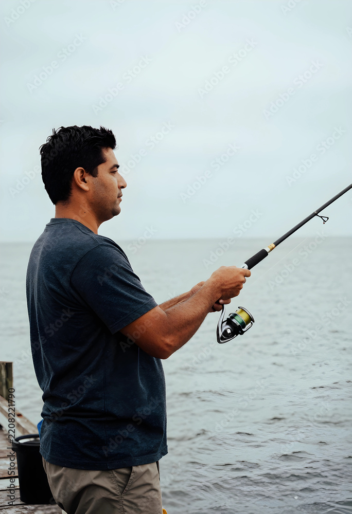 Fototapeta premium Mindfulness and leisure, man fishing on a wooden pier at the ocean for stress relief and outdoor recreation during a calm weekend in nature