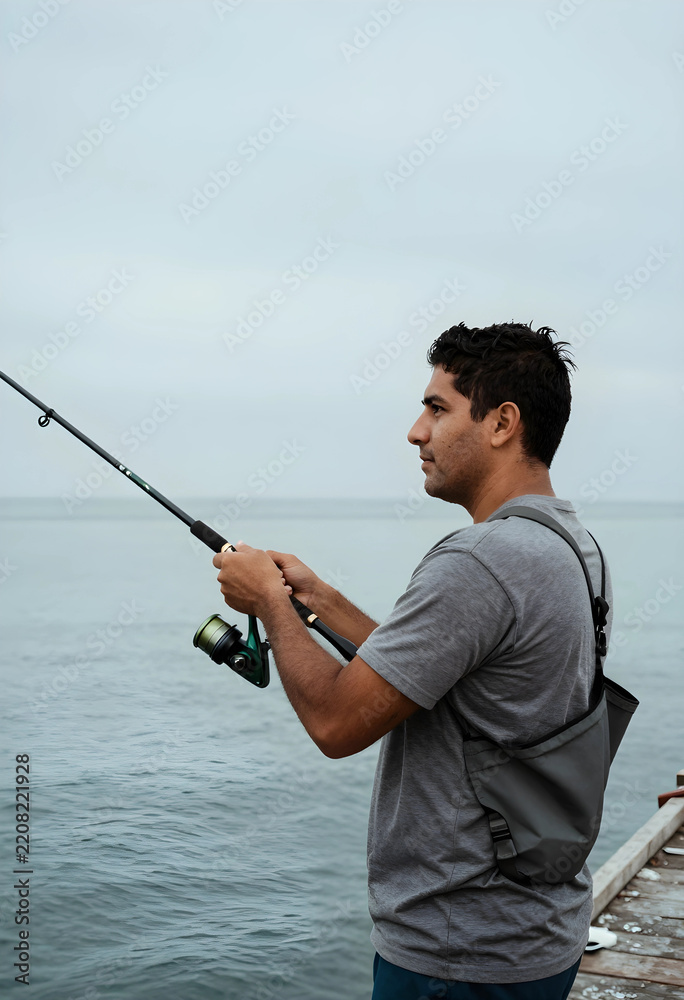 Fototapeta premium Leisure and mindfulness, man fishing on a wooden pier by the ocean for stress relief and outdoor recreation in a calm coastal environment at daytime