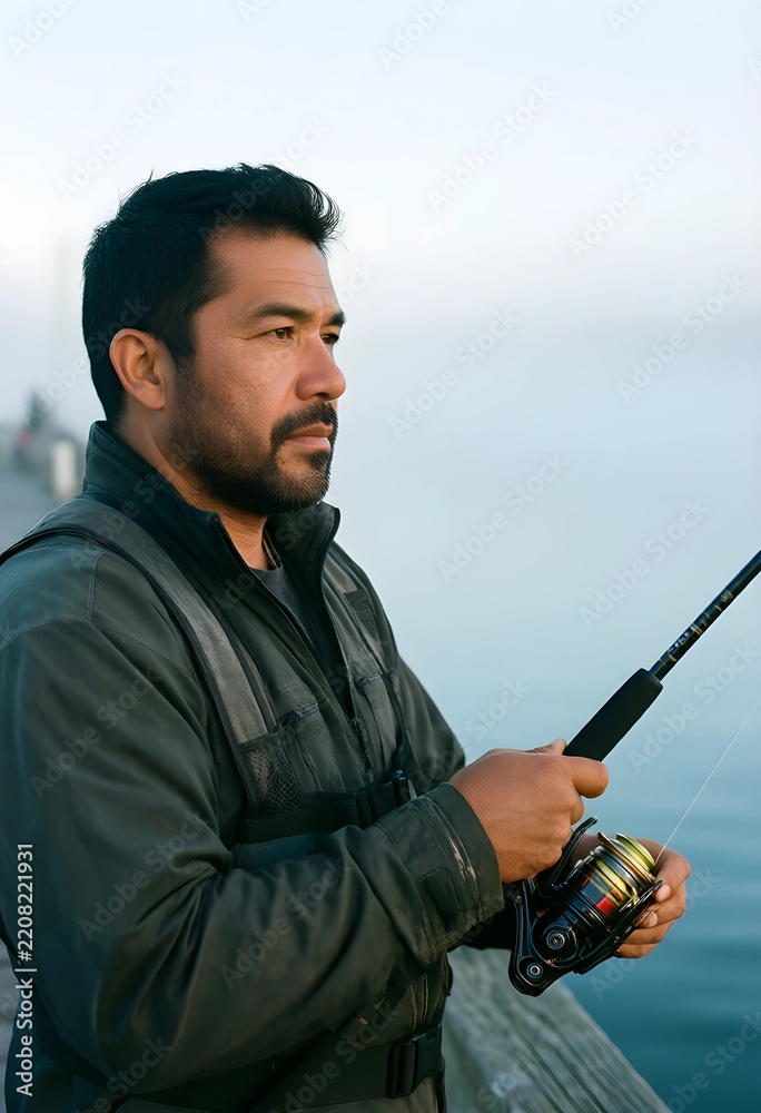 Fototapeta premium Mindfulness and mental health, man fishing on a pier for stress relief and relaxation in nature with calm water and morning light for wellness