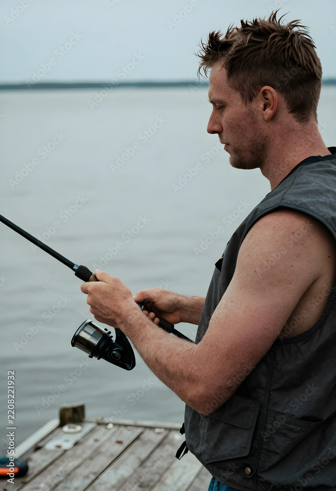 Fototapeta premium Leisure and relaxation, man fishing on a wooden pier at the lake for outdoor recreation and hobby lifestyle with focus on patience and mindfulness