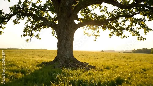 Majestic Oak Tree Slowly Rotating in a Golden Field at Sunset, Showcasing a Tranquil, Cinematic Landscape. with Golden Hour