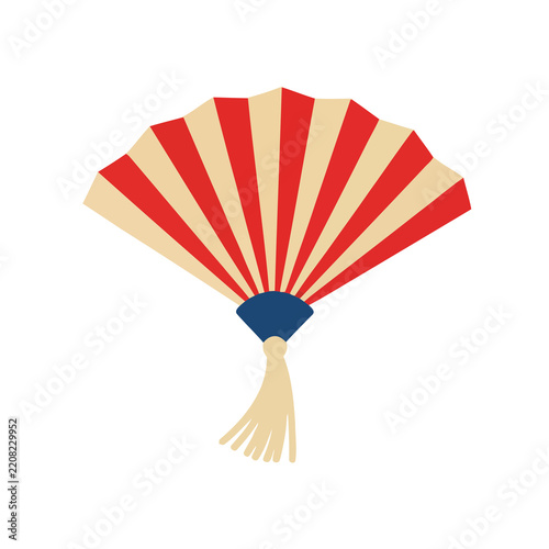 Red and beige folding fan with blue handle and tassel