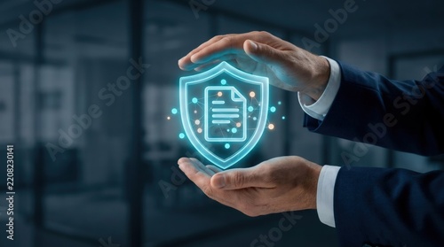Businessman hands protecting a glowing digital shield with a document icon symbolizing insurance and data security. Modern technology concept ensuring contract protection in a corporate office.