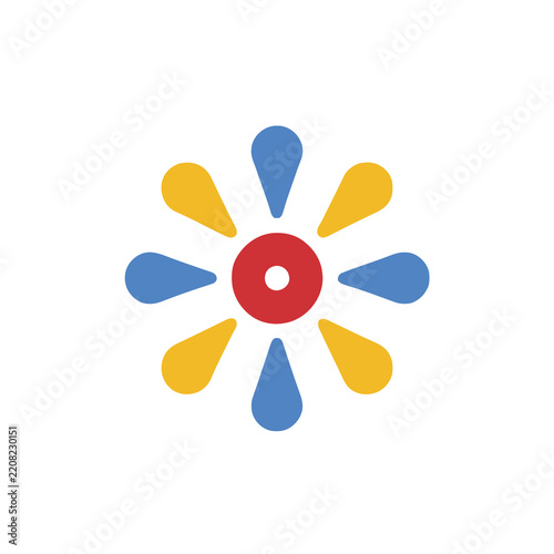 Stylized flower graphic with red, yellow, and blue petals