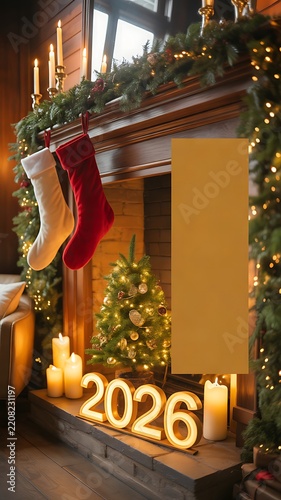 Festive christmas fireplace interior with hanging stockings and glowing year 2026 sign with copy space