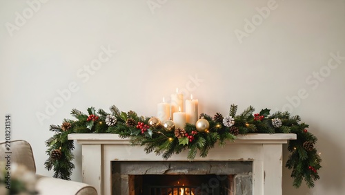 Festive christmas garland with glowing candles and golden baubles on a white fireplace mantel