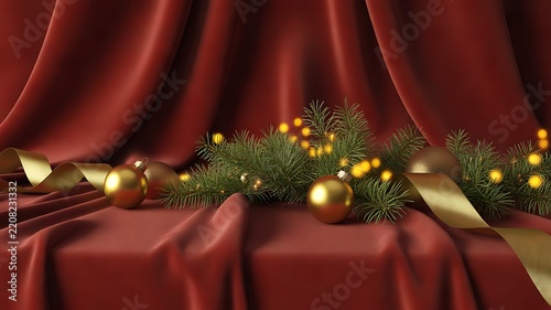 Festive christmas holiday background with golden baubles pine branches and decorative ribbon on red velvet fabric