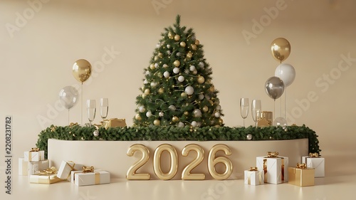 Festive christmas tree with golden 2026 numbers and gift boxes for new year celebration