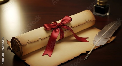 Ancient parchment scroll tied with red ribbon beside a quill pen and inkwell on a dark wooden desk