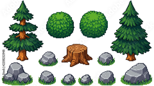 Pixel Art Forest Trees Bushes Tree Stump and Rocks, Pixel Art Woodland Game Asset Pack with Nature Elements