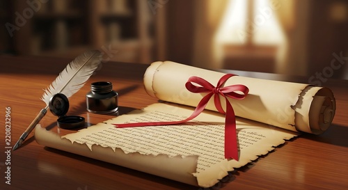 Ancient parchment scroll tied with red ribbon beside a quill and inkwell on a warm wooden desk