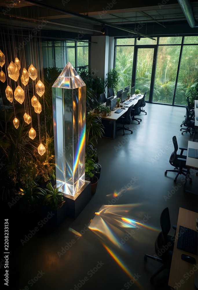 Obraz premium Biophilic office design and workplace wellness, large crystal prism with rainbow light refraction in modern sustainable workspace with indoor plants