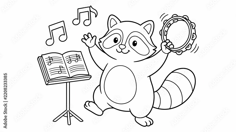 Fototapeta premium Cute cartoon raccoon playing a tambourine and dancing next to a music stand with musical notes, perfect for a children's coloring page.