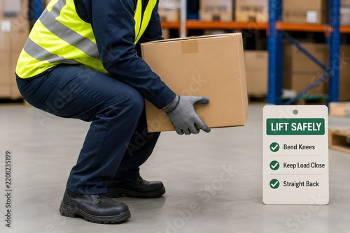 A worker in a safety vest lifts a box in a warehouse, with a sign demonstrating safe lifting techniques.