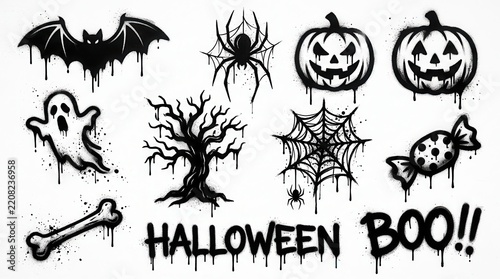 Halloween Graffiti Spray Paint Icon Set with Spooky Bat, Ghost, Pumpkin, Spider Web and Drip Effects on White Background