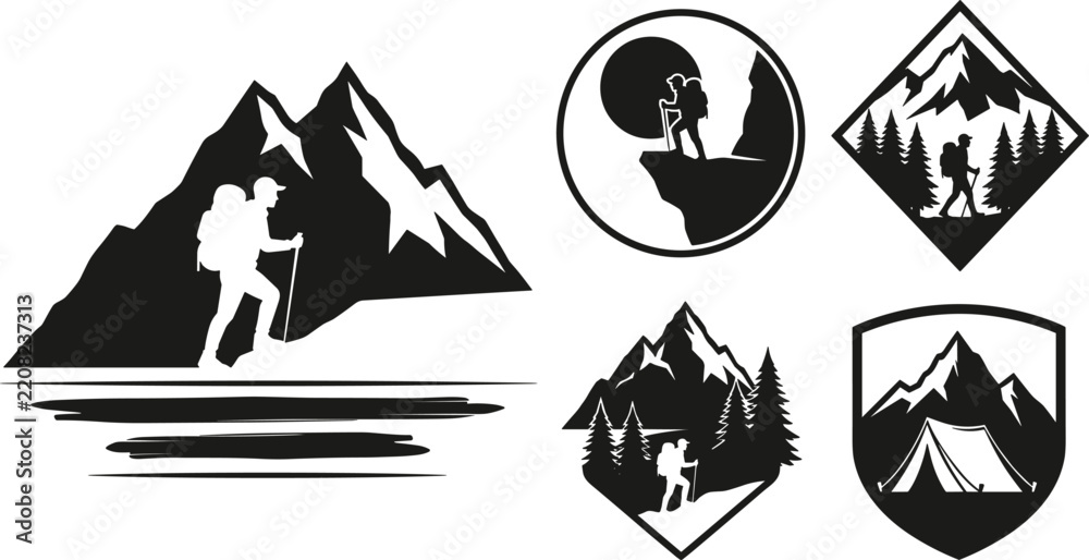 Fototapeta premium Black and White Mountain Hiking Badge Vector Set with Climber Silhouette and Camping Elements