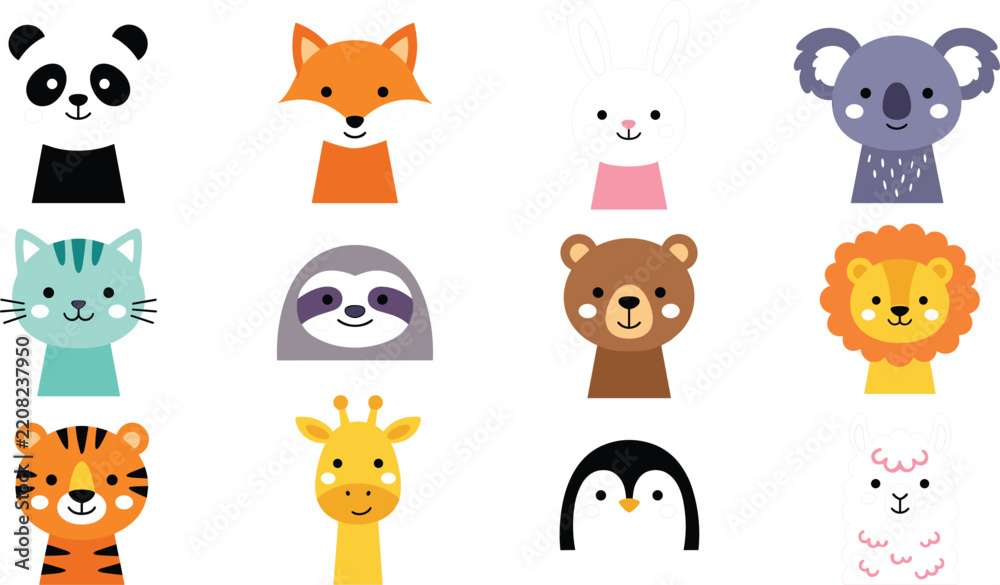 Obraz premium Cute Cartoon Baby Animal Vector Set with Sitting Lion Cat Puppy and Frog Chibi Mascot