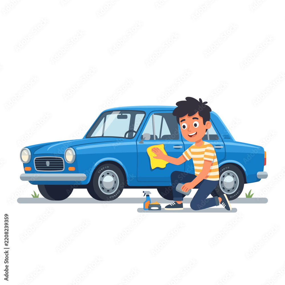 Fototapeta premium Young boy polishing blue car with cloth in bright outdoor setting 