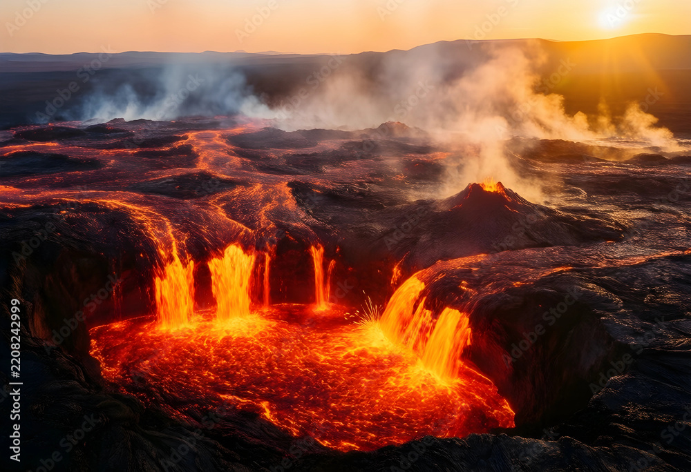 Fototapeta premium Volcanic eruption and lava flow, climate change and global warming concept, geological disaster and natural power with molten rock at sunset in nature