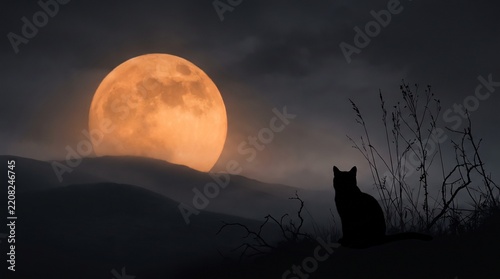 Surreal Minimalist Harvest Moon with Black Cat