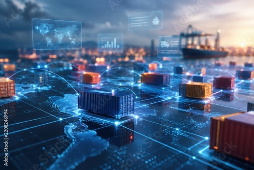Digital illustration showing global logistics with shipping containers linked by networks over a world map at sunset.