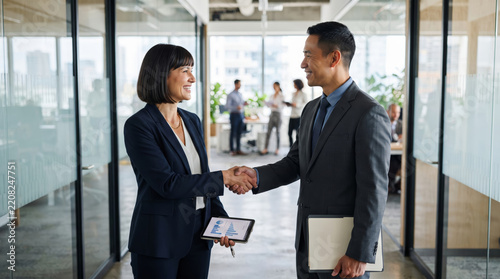 Business professionals handshake partnership agreement modern office urban corporate collaboration success