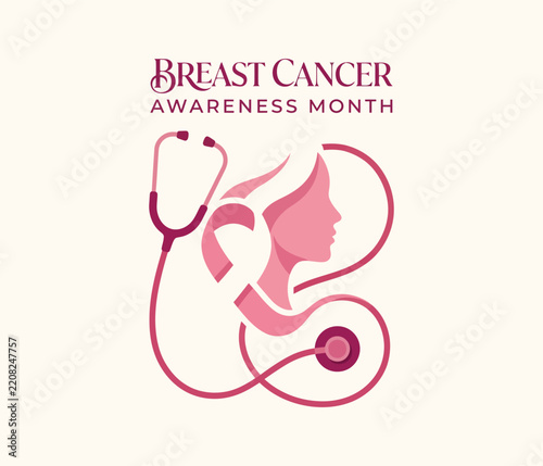 Pink Ribbon Breast Cancer Awareness Banner, Female Silhouette Profile with Stethoscope Line Art