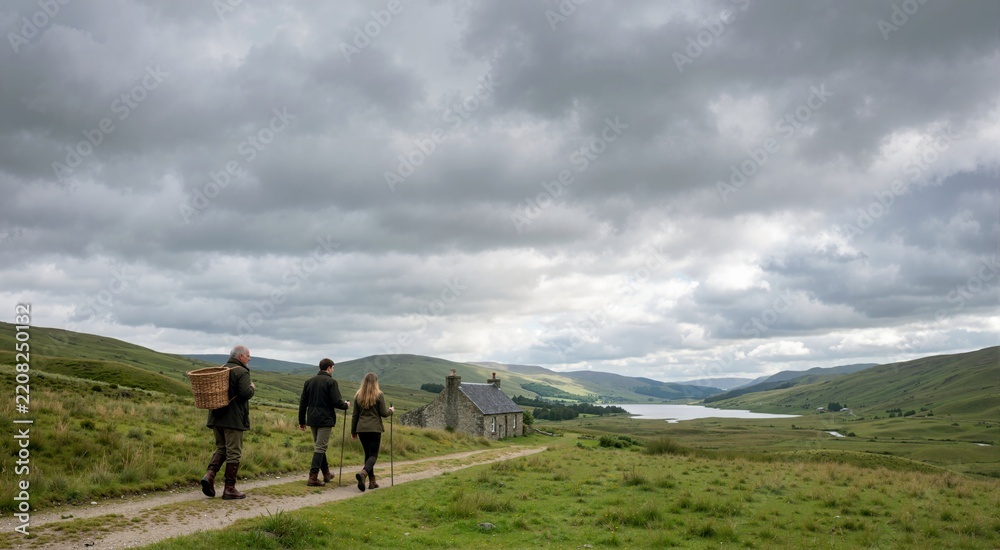 Obraz premium Three hikers walking on a dirt track through green hills toward a stone cottage. Hikers exploring rural landscape under an occluded cloudy sky