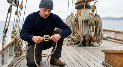 Sailor kneeling on wooden ship deck tying bowline knot with rope. Traditional maritime seamanship on vintage sailboat