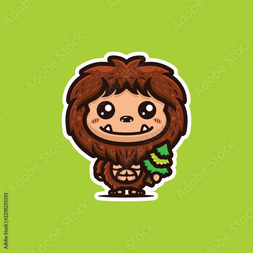 Cute chibi Bigfoot holding a tree