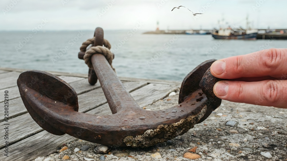 Obraz premium Close-up of rusted metal anchor resting on wooden pier near harbor with boats and seagulls
