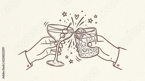Hand Drawn Illustration of Two Hands Clinking Cocktail Glasses for Celebration and Toasting in Minimalist Line Art Style