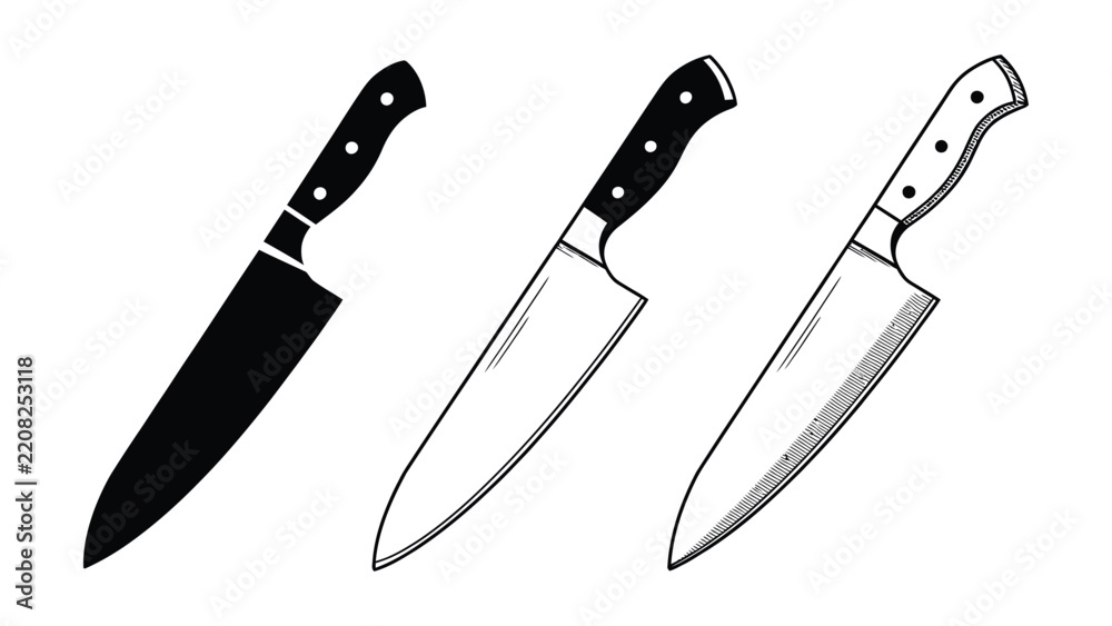 Obraz premium Chef knife icon set or kitchen cooking tool icon with sharp blade symbol. Vector illustration EPS.