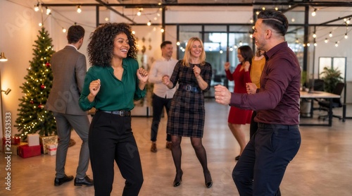 Happy Colleagues Dancing at Office Christmas Party