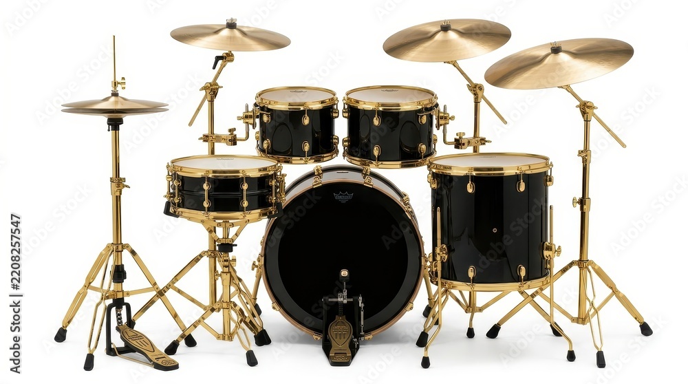 Fototapeta premium Professional Black and Gold Drum Set Isolated on White Background - High-End Musical Instrument Kit for Percussionists
