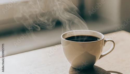 Steaming coffee cup with copy space for cozy morning or work-from-home branding
