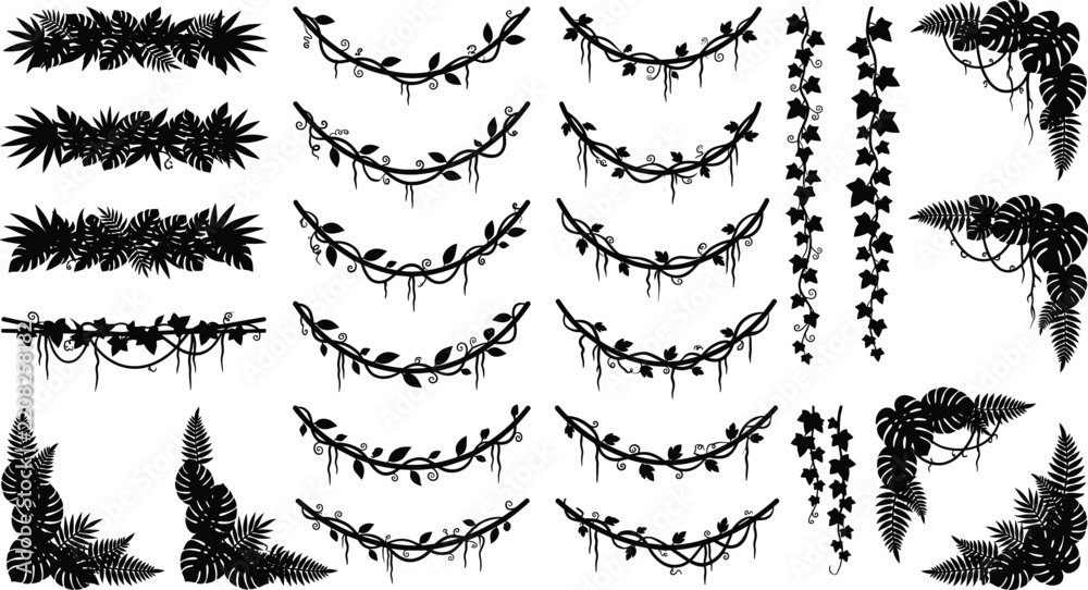 Obraz premium Tropical Jungle Liana Vine Silhouette Border Set with Hanging Ivy and Fern Leaf Vector Corner Graphics