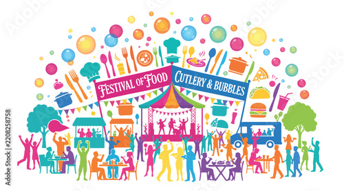Food festival illustration with colorful booths bubbles and dining scenes