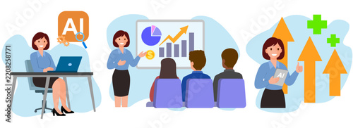 Working with AI, Artificial Intelligence Business Team and Technology Growth Flat Vector Illustration