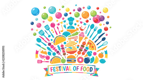 Colorful food illustration features culinary tools and dishes in a festive arrangement