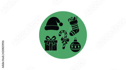 Black silhouettes of christmas ornaments and gifts within a green circle