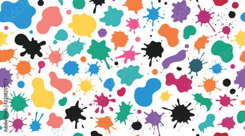 Colorful paint splatters create a vibrant all over pattern on a white background